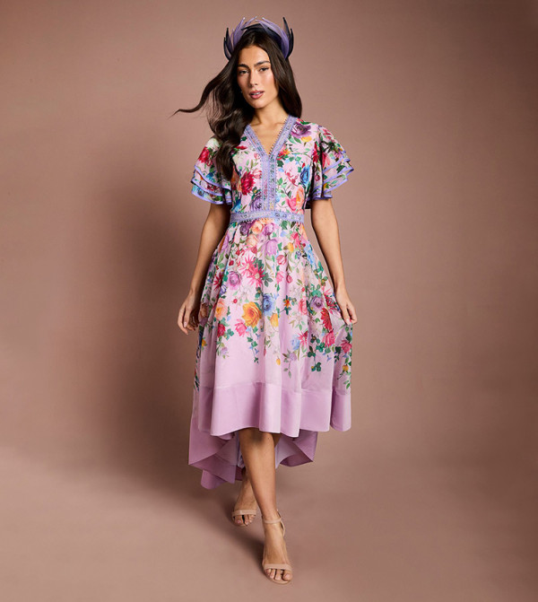 Lisa Tan Statement Shoulder High Low Printed Midi Dress