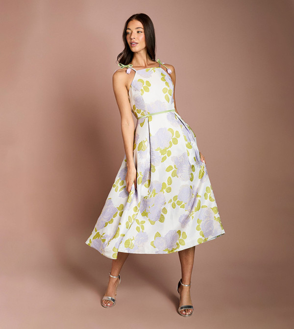 Tulip Strap Jacquard High Neck Midi Dress