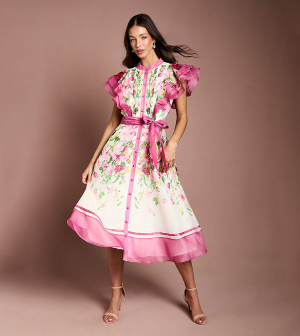 Floral Print Ruffle Shoulder Midi Dress