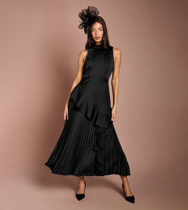Sleeveless Ruffle Pleated Satin Back Crepe Midi Party Dress
