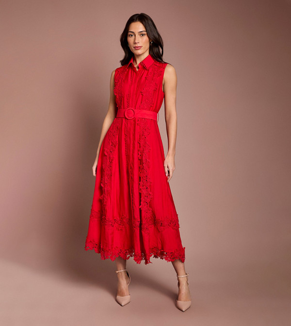 Lace Panelled Belted Sleeveless Midi Shirt Dress