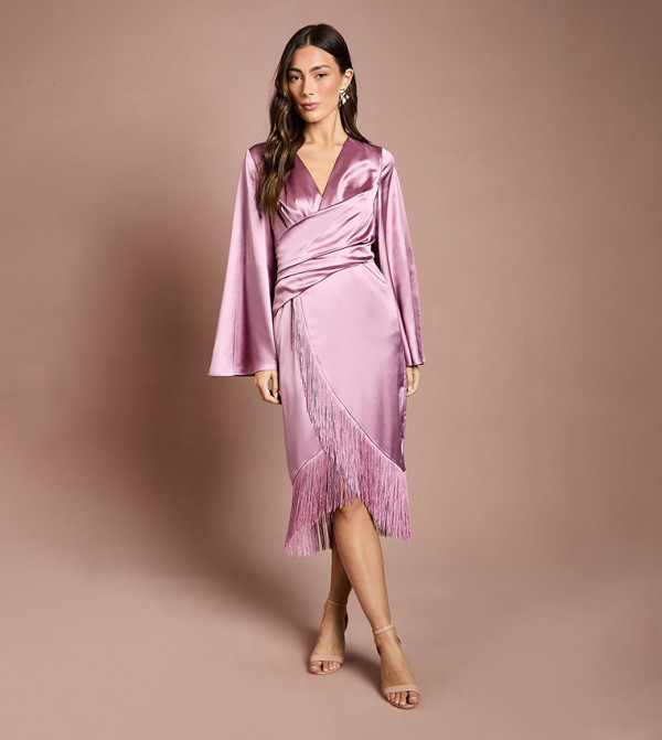 Satin Fringe Hem Wrap Waist Midi Dress