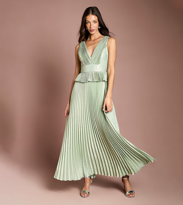 Sleeveless Metallic Pleated Maxi Dress with Peplum