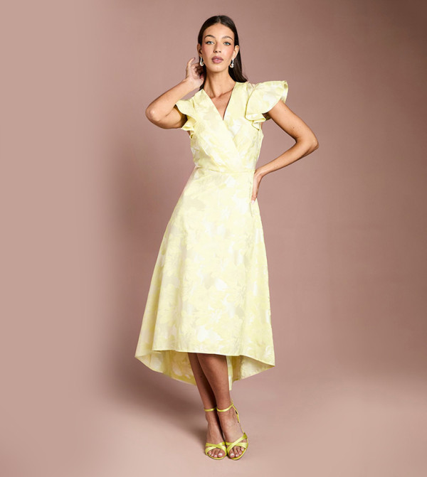 Jacquard Frill Sleeves Wrap High Low Midi Dress