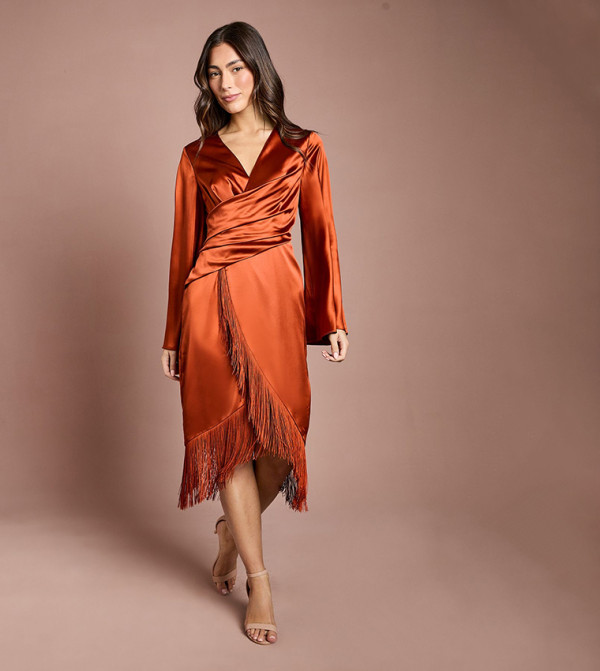 Satin Fringe Hem Wrap Waist Midi Dress