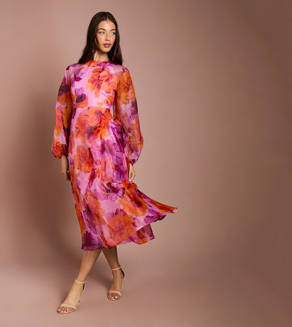 فستان ميدي أورغانزا  كم باف بخصر لف 