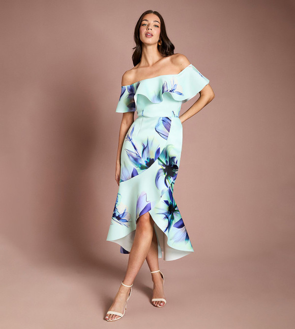 Placement Floral Print Scuba Midi Dress