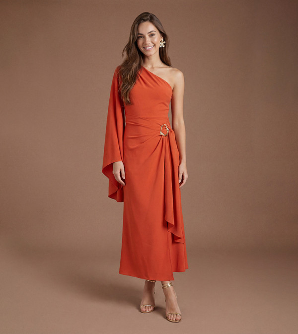 Metal Detail One Shoulder Midi Dress