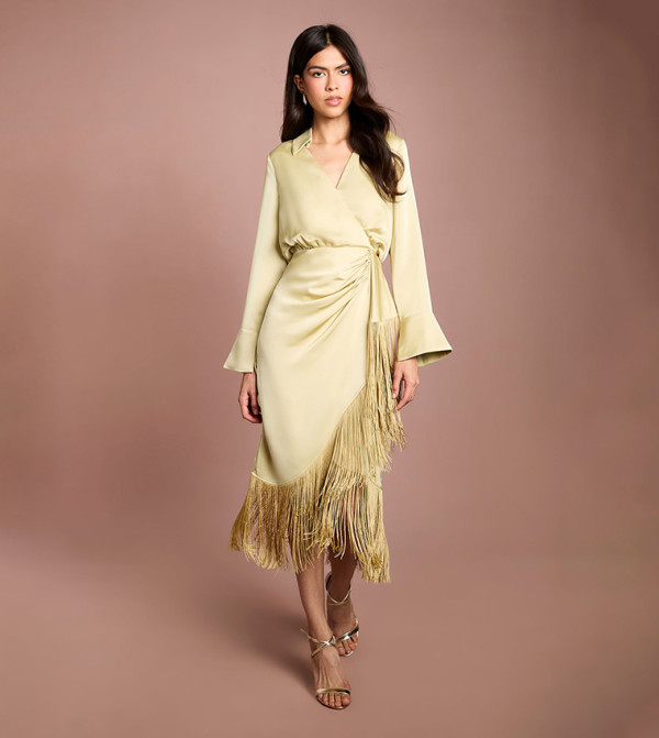 Fringe Satin Shirt Dress