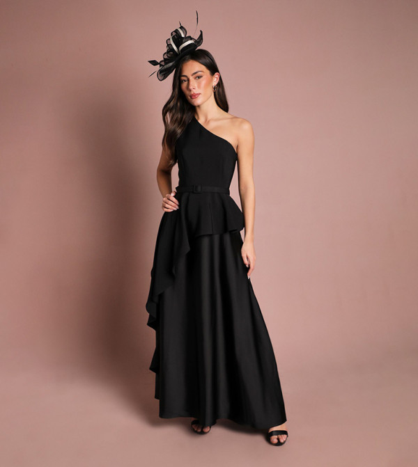 One Shoulder Ruffle Detail Satin Maxi Dress