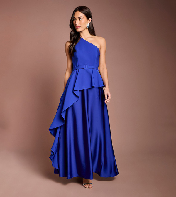 One Shoulder Ruffle Detail Satin Maxi Dress