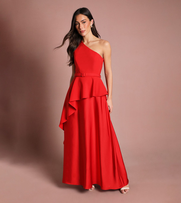 One Shoulder Ruffle Detail Satin Maxi Dress