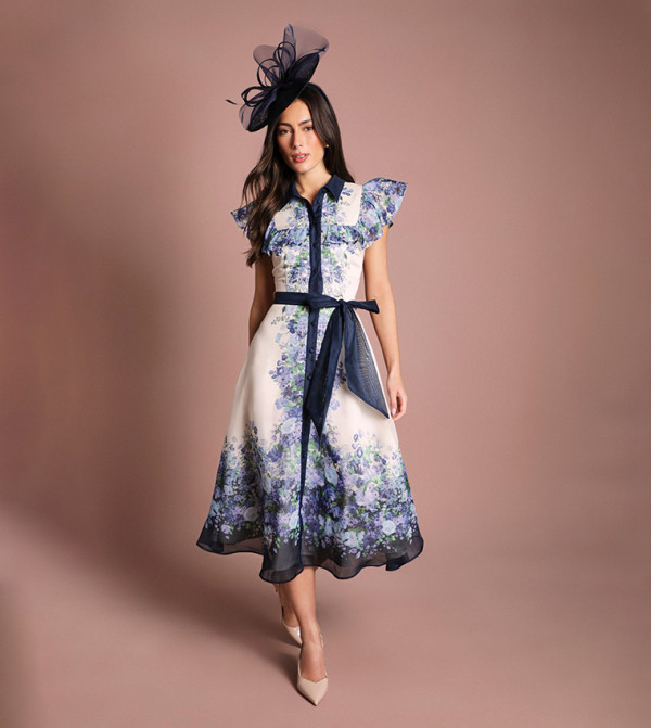 Placement Print Frill Sleeves Belted Midi Dress