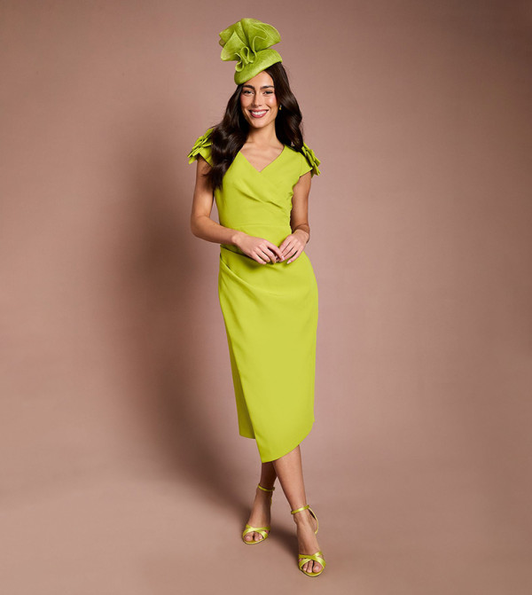 Lisa Tan V-Neck Corsage Shoulder Pencil Midi Dress