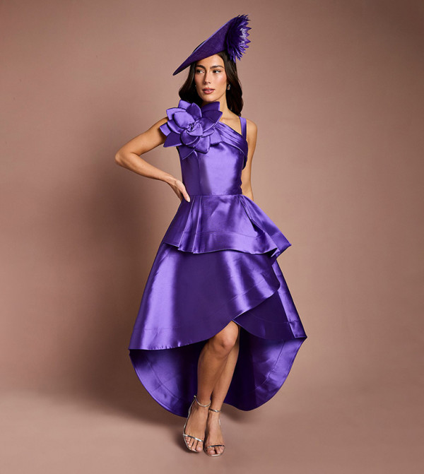 Lisa Tan 3D Corsage One Shoulder Twill Midi Dress