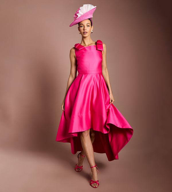 Lisa Tan Bow Shoulder Satin Midi Party Dress