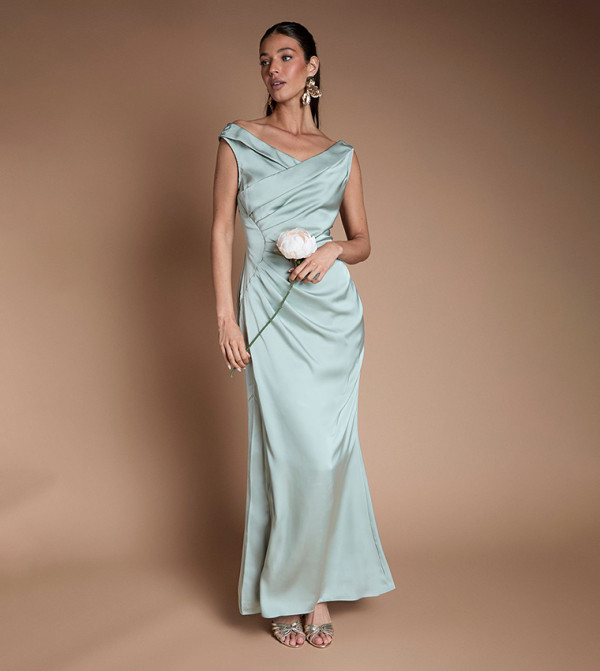 Satin Waist Ruching Detail Bardot Bridesmaid Maxi Dress