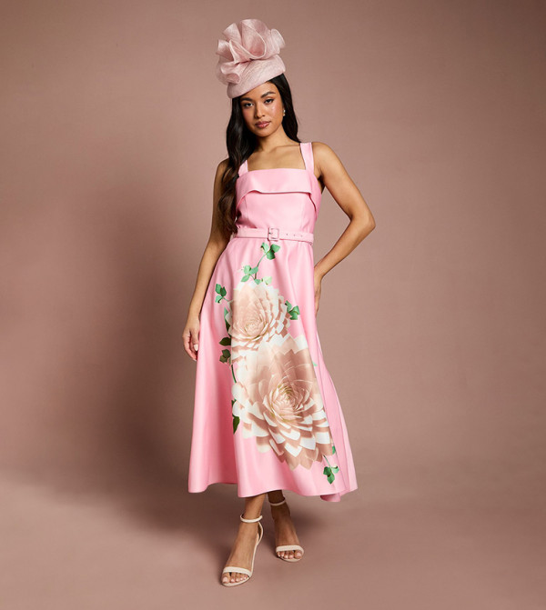 Petite Lisa Tan Floral Placement Print Belted Midi Dress