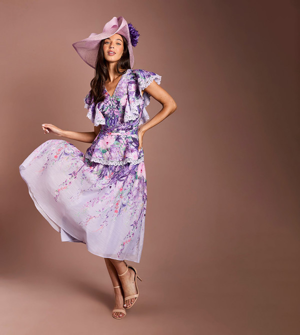 Lisa Tan V-Neck Ruffle Shoulder Midi Party Dress