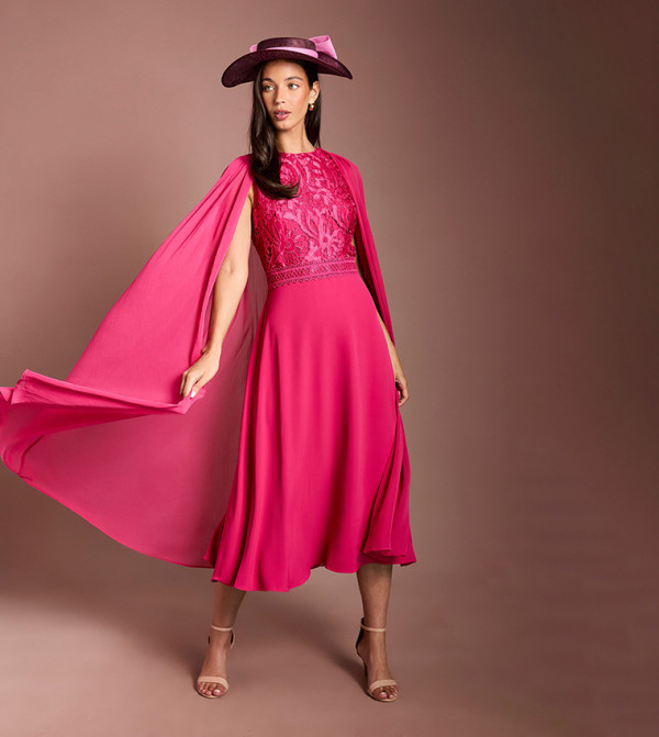 Lisa Tan Cape Sleeves Lace Midi Party Dress