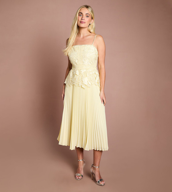 Petite Satin Lace Pleated Midi Dress