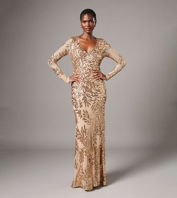 Floral Sequined Long Sleeves Maxi Dress