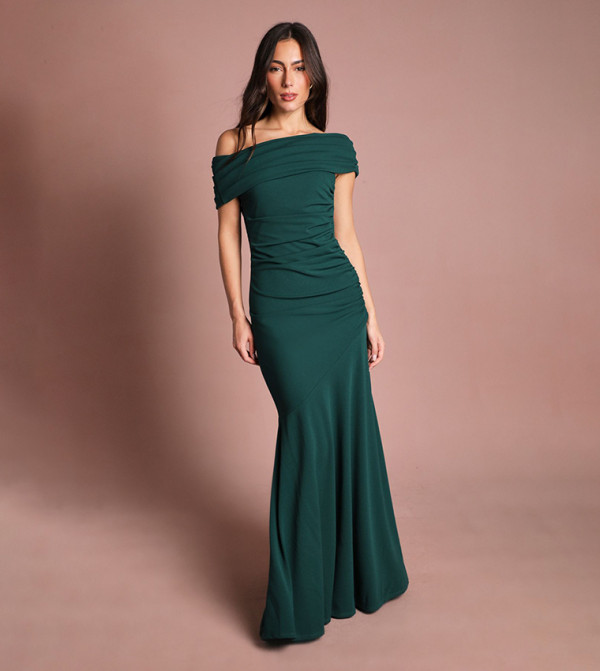 Pleated One Shoulder Bardot Fit and Flare Maxi Dress