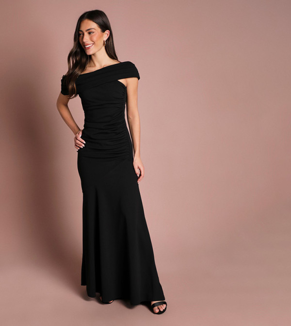 Pleated One Shoulder Bardot Fit and Flare Maxi Dress