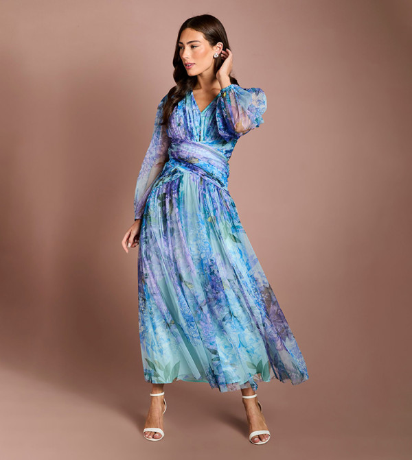 Petite Printed Floral Mesh Midaxi Party Dress