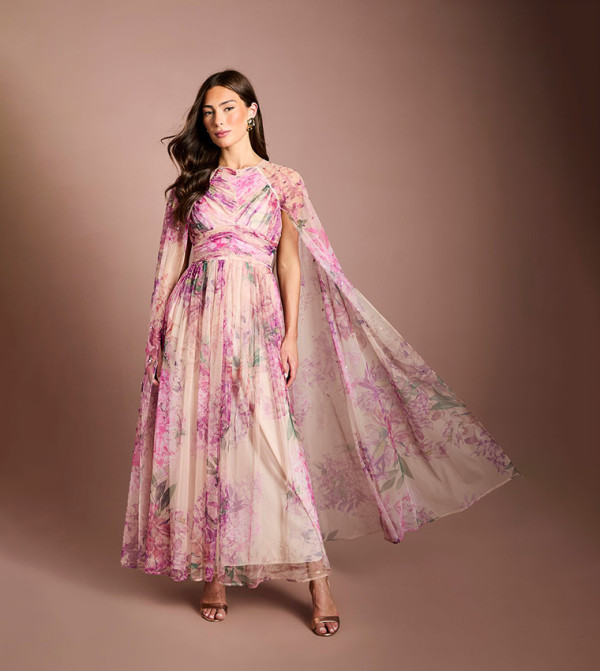 Petite Gemstone Pleated Mesh Printed Cape Maxi Dress