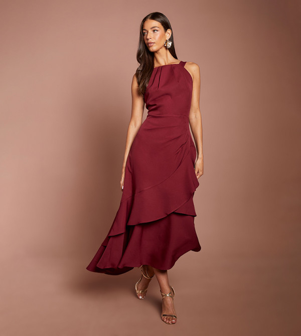 Solid Sleeveless Tiered Detail Crepe Midi Dress