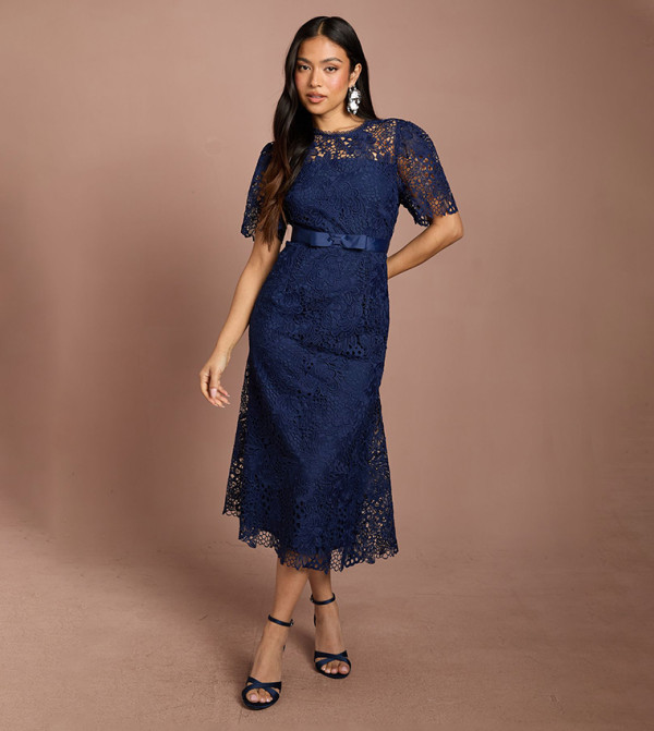 Petite Bow Belt Lace Midi Dress