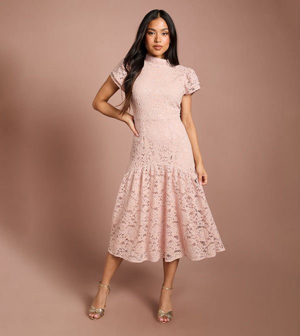 Petite Lace Frill Sleeves High Neck Midi Dress