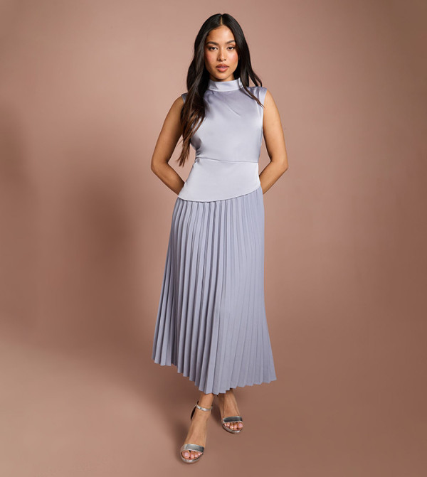 Petite Drape High Neck Pleated Skirt Midi Dress