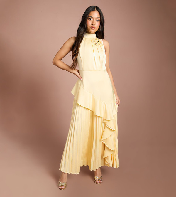 Petite Sleeveless Ruffle Pleated Satin Back Crepe Maxi Party Dress