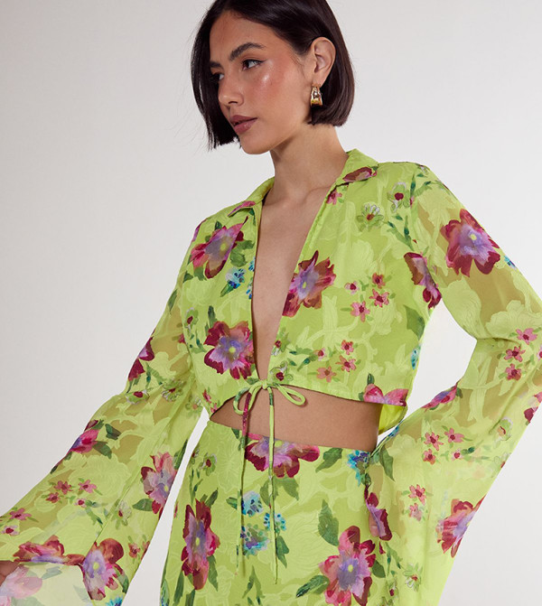 Floral Burnout Tie-Front Flared Sleeves Crop Top