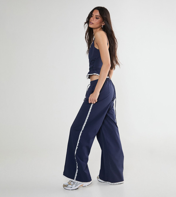 Nylon Lace Trim Wide Leg Trousers