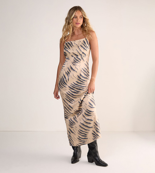 Tiger Printed Satin Cowl Back Strappy Maxi Dress