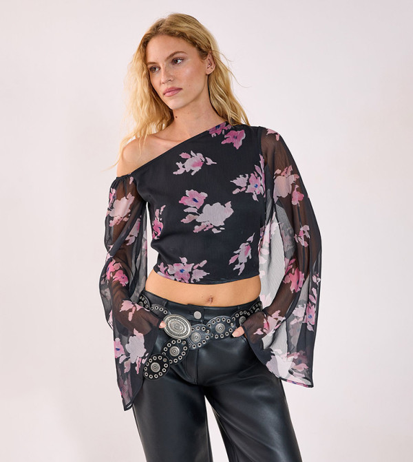 Floral Print Chiffon Off The Shoulder Wide Sleeves Crop Top