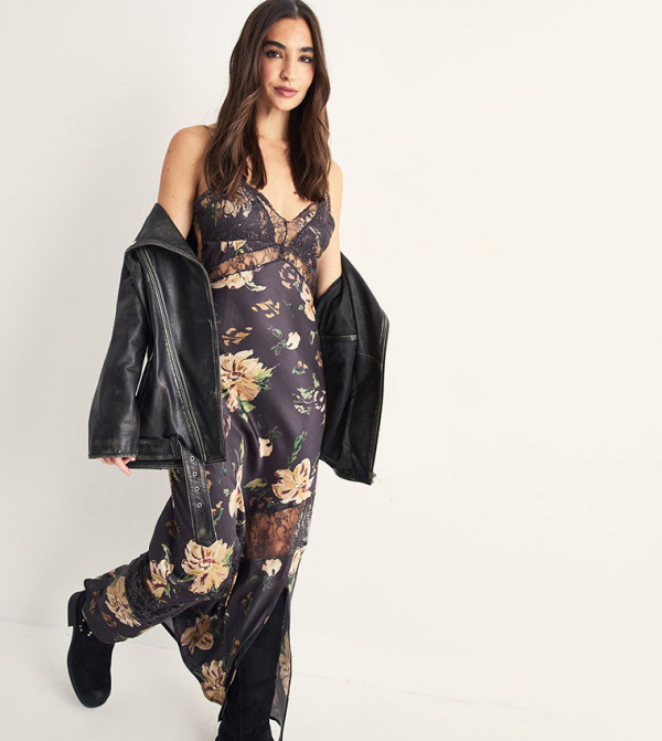 Satin Floral Print Cutwork Lace Split Leg Maxi Dress