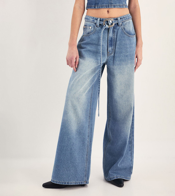 Ring Trim Wide Leg Jeans