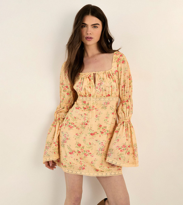 Voile Lace Trim Tie Front Puff Sleeves Mini Dress
