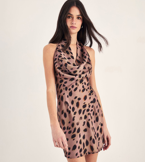 Satin Blurred Animal Scarf Tie Cowl Mini Dress