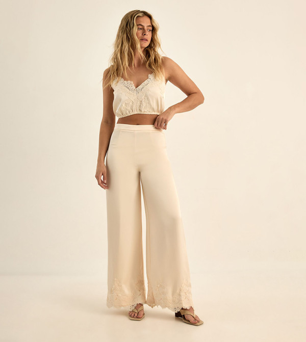 Premium Satin Lace Trim Wide Leg Trousers