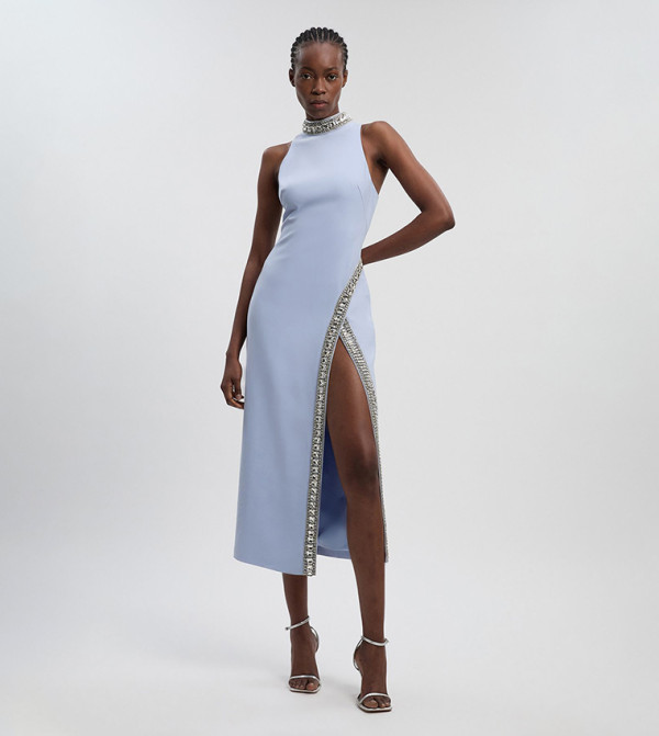Petite Crystal Embellished Woven Split Midi Dress