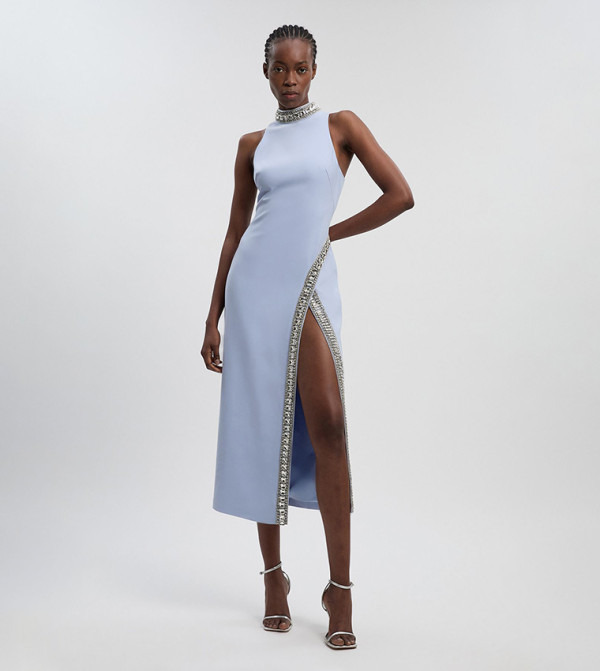 Crystal Embellished Woven Thigh Split Midi Dress