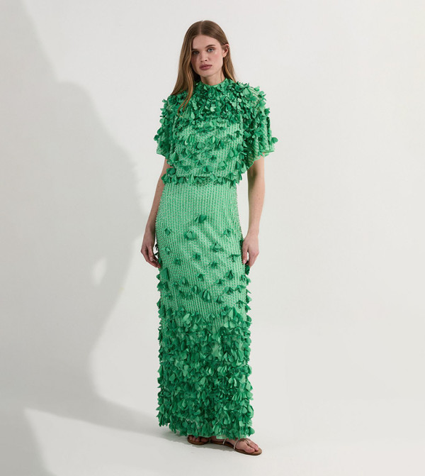 Crystal Applique Short Sleeves Maxi Dress