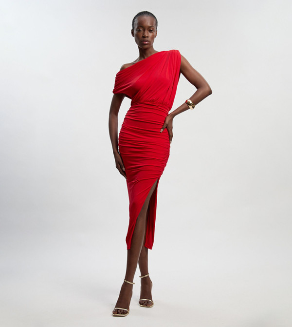 Jersey Crepe Asymmetric Neck Maxi Dress