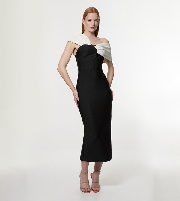Figure Form Bandage Asymmetric Strap Knit Midi Dress