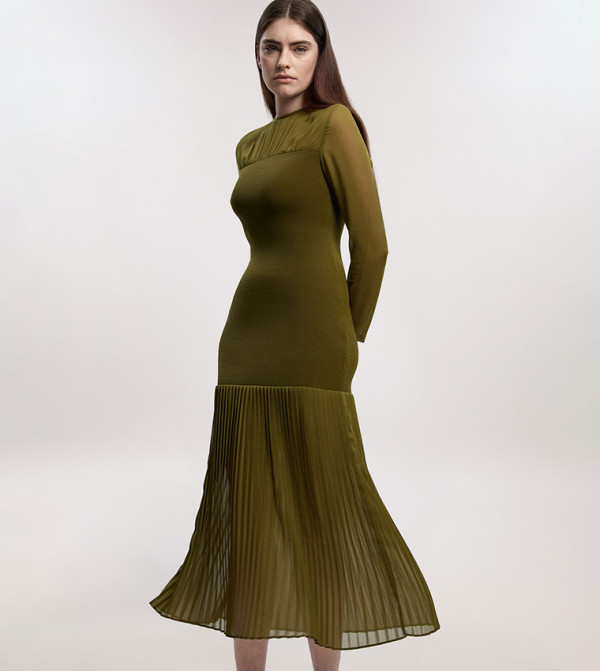Long Sleeves Mix Pleated Midi Dress